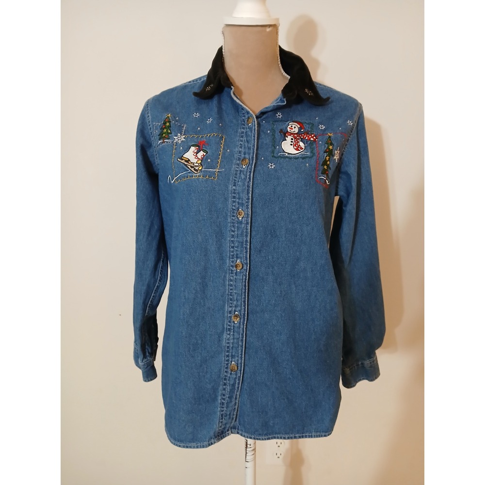 Vtg 90s Holiday Womens Denim Shirt Snowman Ice Skates Velvet Small  Novelty